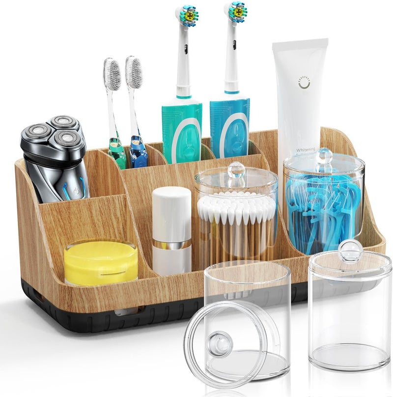 GFWARE Bathroom Toothbrush Holder Set with 2 Pack Qtip Holder Dispenser - 7 Slots Kids Bathroom Accessory Sets with Drainage, Q Tip Holder for Bathroom Sink Counter Accessories Set - Image 1